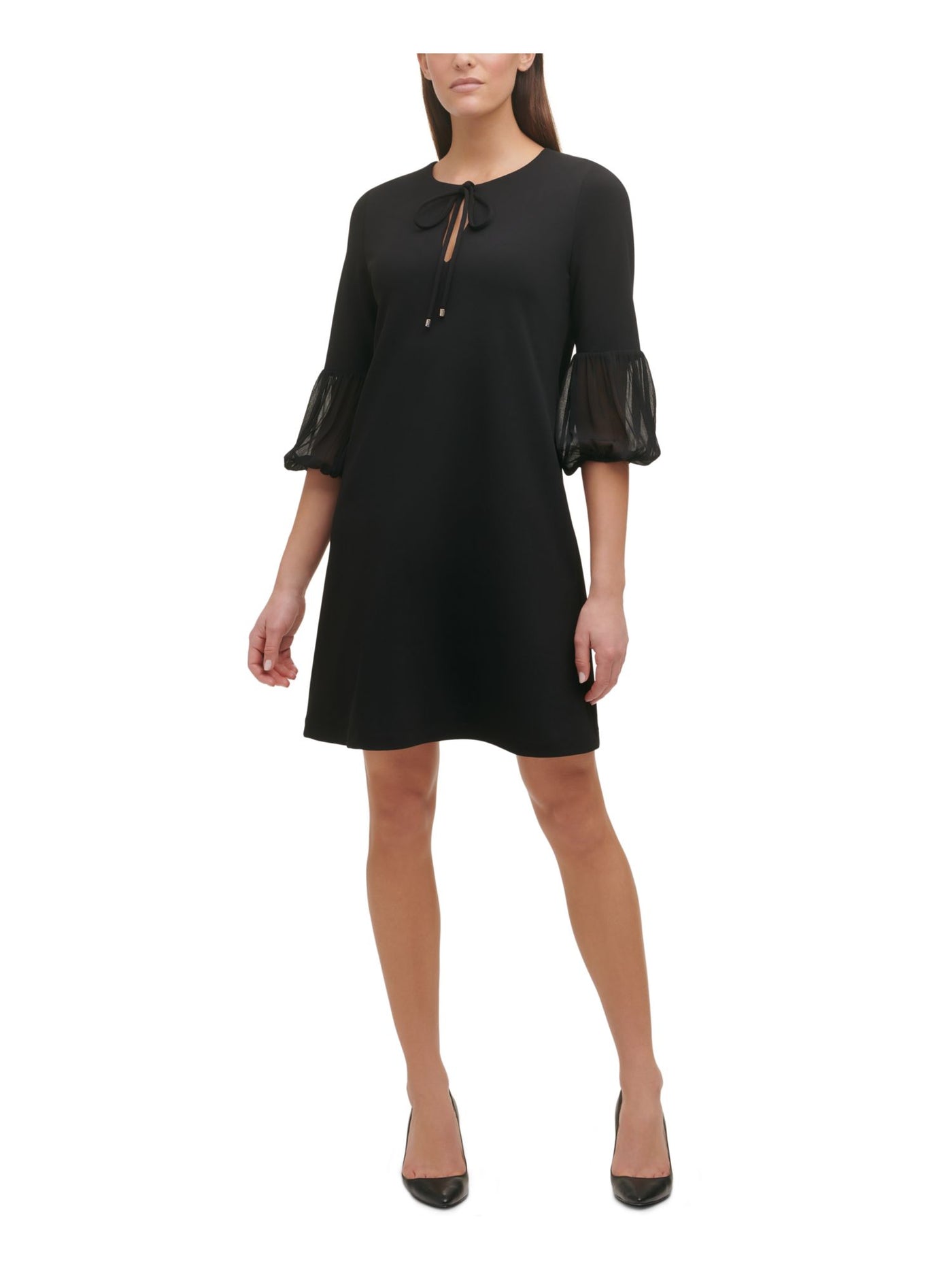 TOMMY HILFIGER Womens Black Stretch Pleated Darted 3/4 Chiffon-sleeve Round Neck Above The Knee Wear To Work Shift Dress Petites 2P