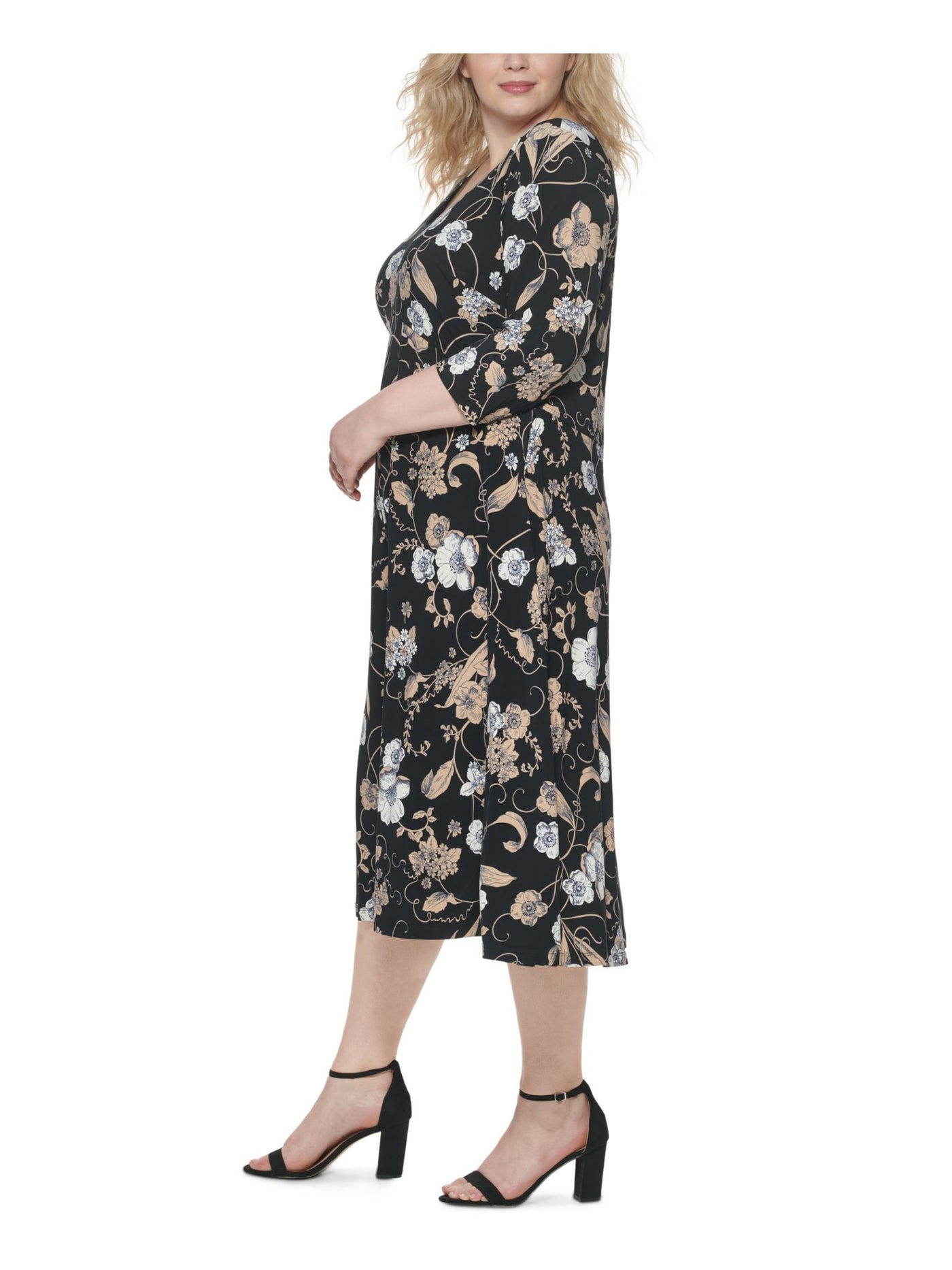 TOMMY HILFIGER Womens Black Stretch Floral 3/4 Sleeve Scoop Neck Midi Wear To Work Shift Dress Plus 16W