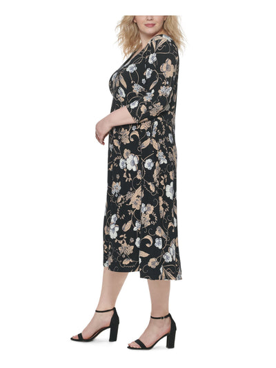 TOMMY HILFIGER Womens Black Stretch Floral 3/4 Sleeve Scoop Neck Midi Wear To Work Shift Dress Plus 14W