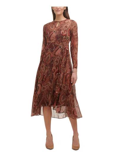 TOMMY HILFIGER Womens Brown Zippered Sheer Keyhole Slip Lined Paisley Long Sleeve Crew Neck Midi Wear To Work Hi-Lo Dress 6