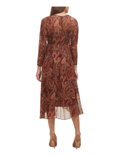 TOMMY HILFIGER Womens Zippered Chiffon Lined Long Sleeve Keyhole Midi Evening Hi-Lo Dress