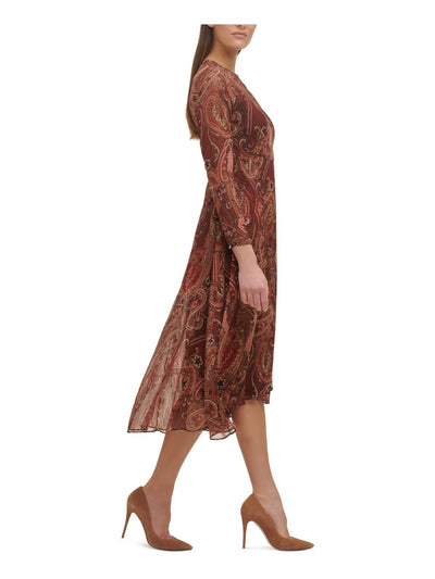 TOMMY HILFIGER Womens Zippered Chiffon Lined Long Sleeve Keyhole Midi Evening Hi-Lo Dress