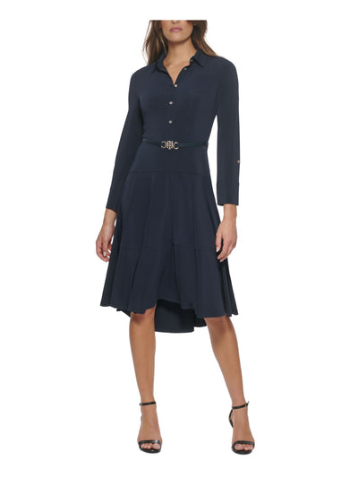 TOMMY HILFIGER Womens Navy Belted Button Front Hi-lo Hem 3/4 Sleeve Collared Midi Wear To Work Shirt Dress 10