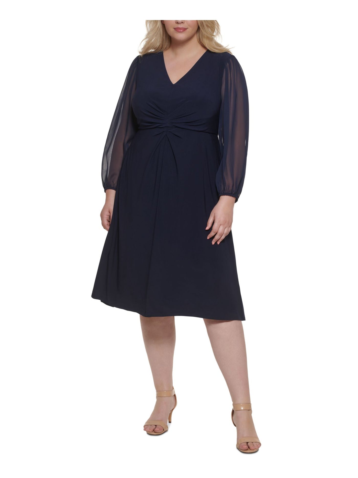 JESSICA HOWARD Womens Navy Gathered Pocketed Sheer Zippered Jersey Knit Blouson Sleeve V Neck Knee Length Fit + Flare Dress Plus 24W