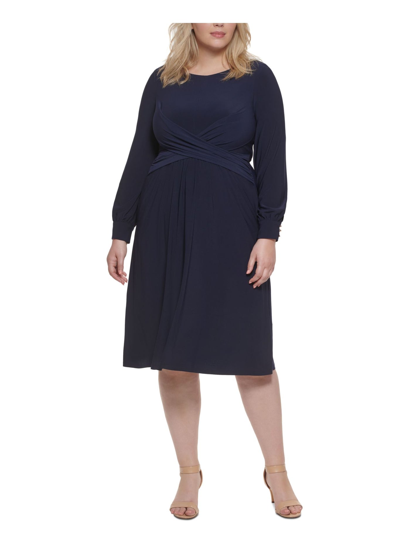 JESSICA HOWARD Womens Navy Stretch Zippered Crossover Detail At Waist Long Sleeve Jewel Neck Knee Length Wear To Work Fit + Flare Dress Plus 24W