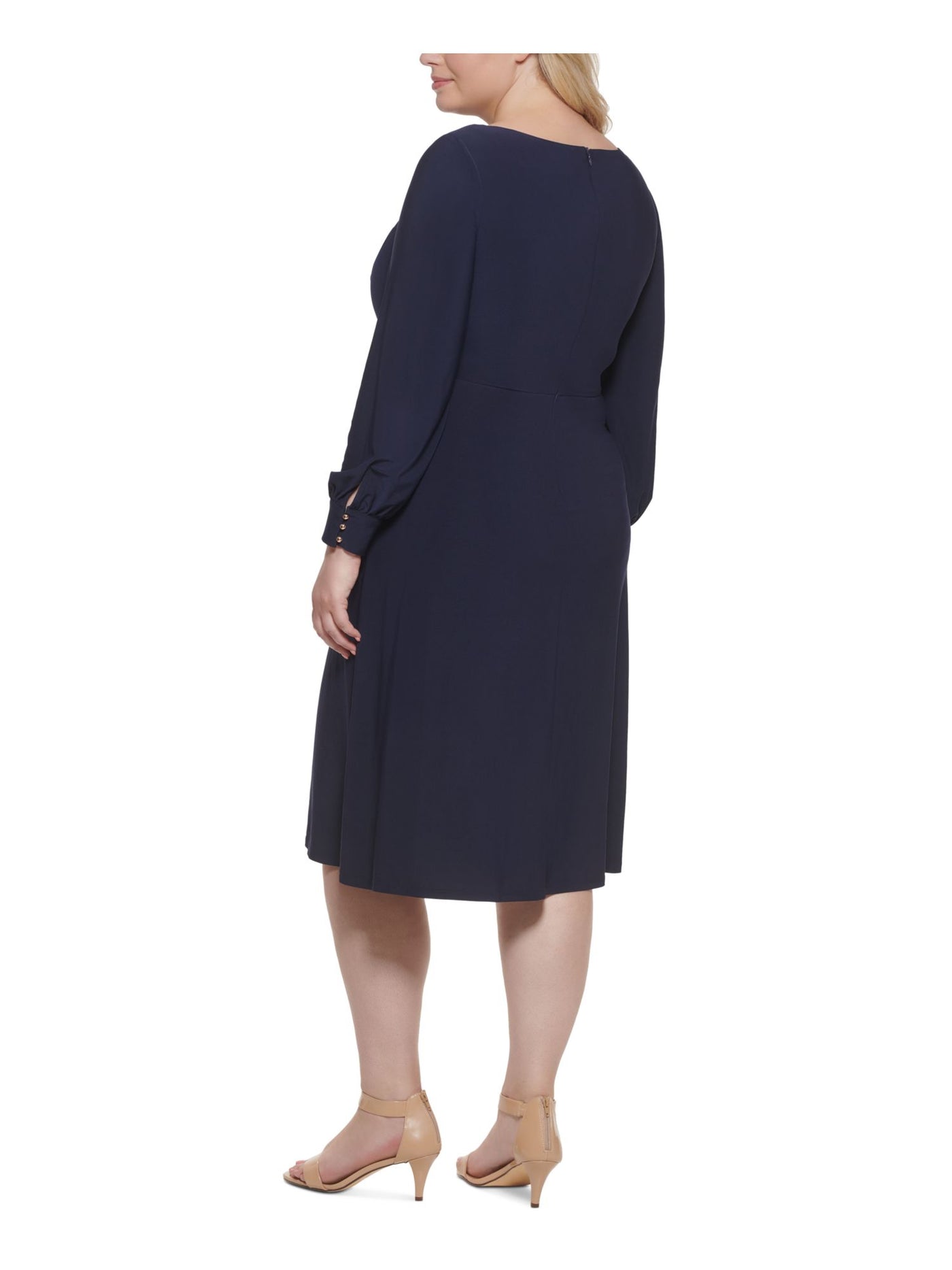 JESSICA HOWARD Womens Navy Stretch Zippered Crossover Detail At Waist Long Sleeve Jewel Neck Knee Length Wear To Work Fit + Flare Dress Plus 24W
