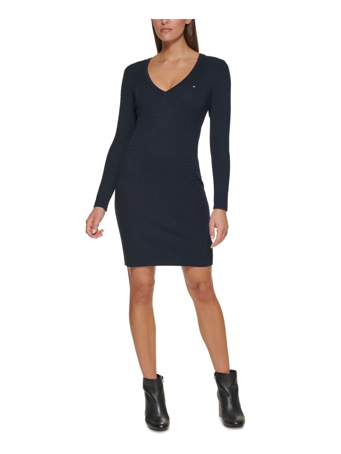 TOMMY HILFIGER Womens Stretch Embroidered Ribbed Long Sleeve V Neck Above The Knee Party Body Con Dress