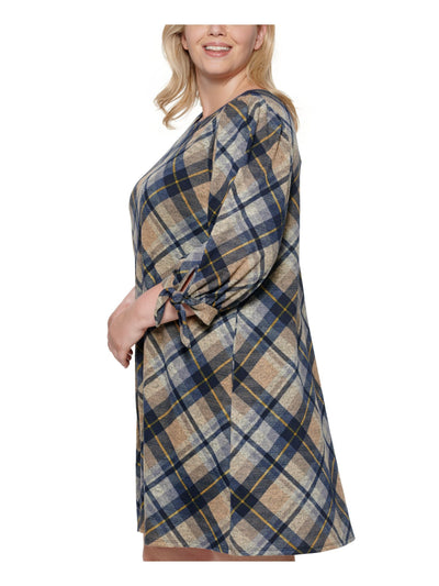 JESSICA HOWARD Womens Blue Pocketed Tie Cut Out Plaid 3/4 Sleeve Round Neck Above The Knee Wear To Work Shift Dress Plus 3X
