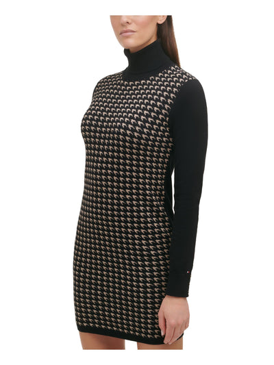 TOMMY HILFIGER Womens Black Houndstooth Long Sleeve Turtle Neck Short Party Sweater Dress L