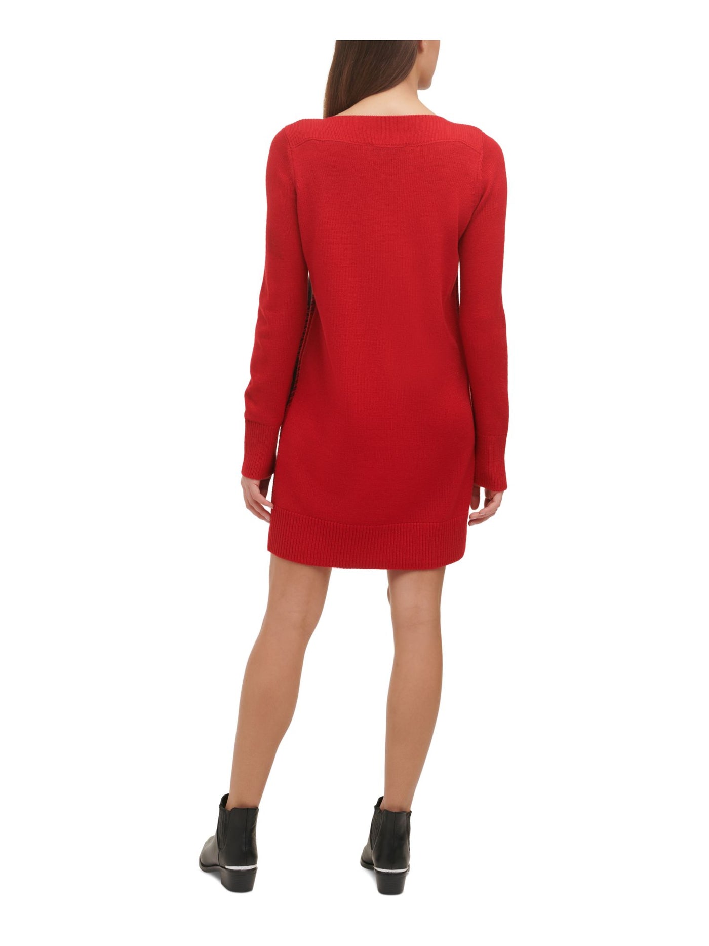 TOMMY HILFIGER Womens Red Stretch Ribbed Textured Unlined Pullover Styling Long Sleeve Boat Neck Above The Knee Wear To Work Sweater Dress M