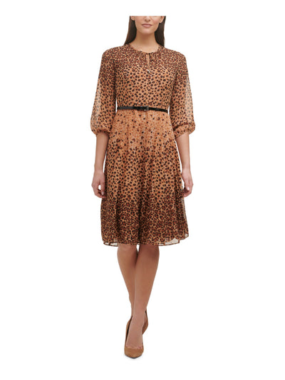 TOMMY HILFIGER Womens Brown Zippered Belted Sheer Lined Animal Print Balloon Sleeve Tie Neck Above The Knee Wear To Work Fit + Flare Dress 2
