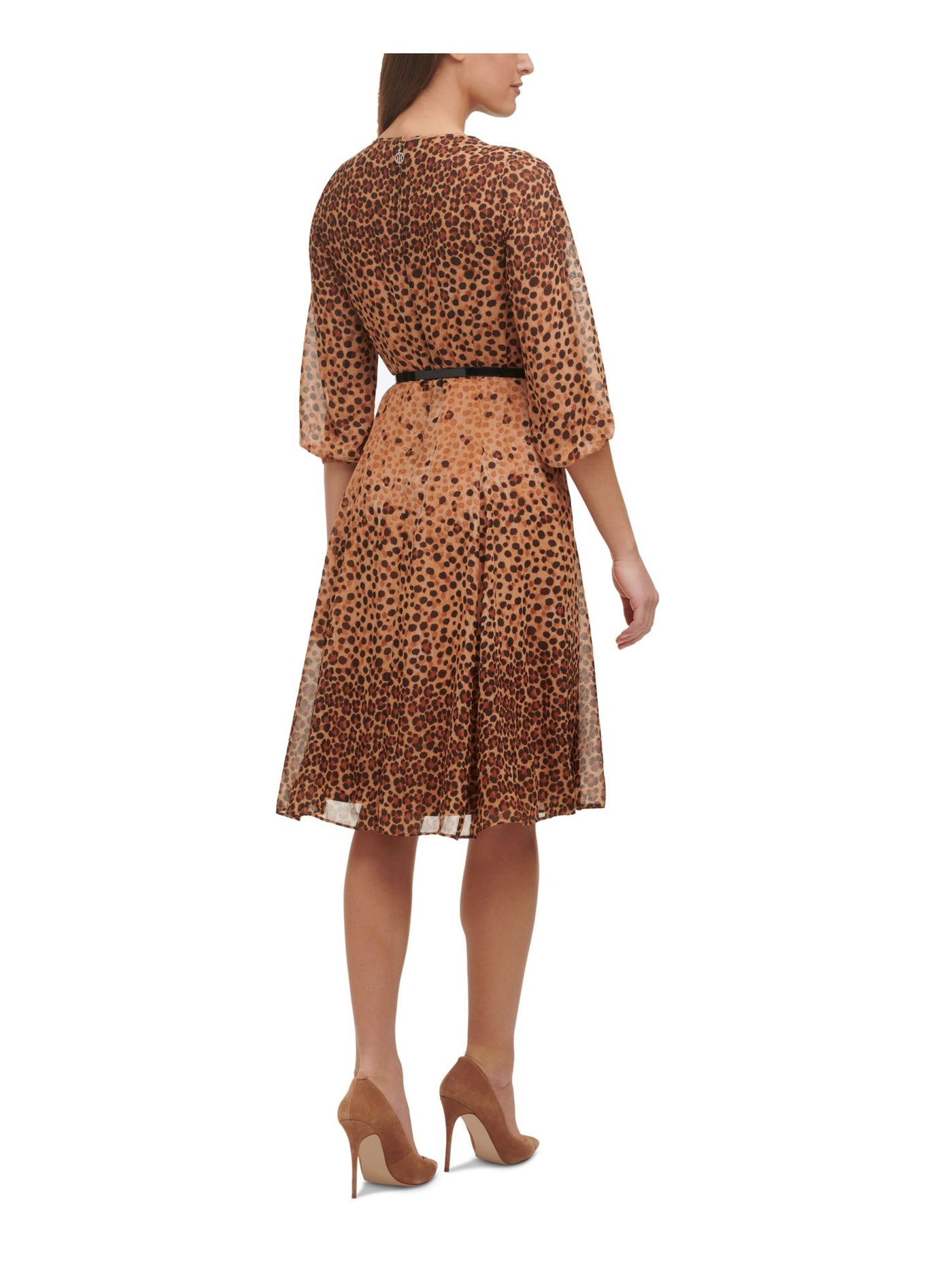 TOMMY HILFIGER Womens Brown Zippered Belted Sheer Lined Animal Print Balloon Sleeve Tie Neck Above The Knee Wear To Work Fit + Flare Dress 6