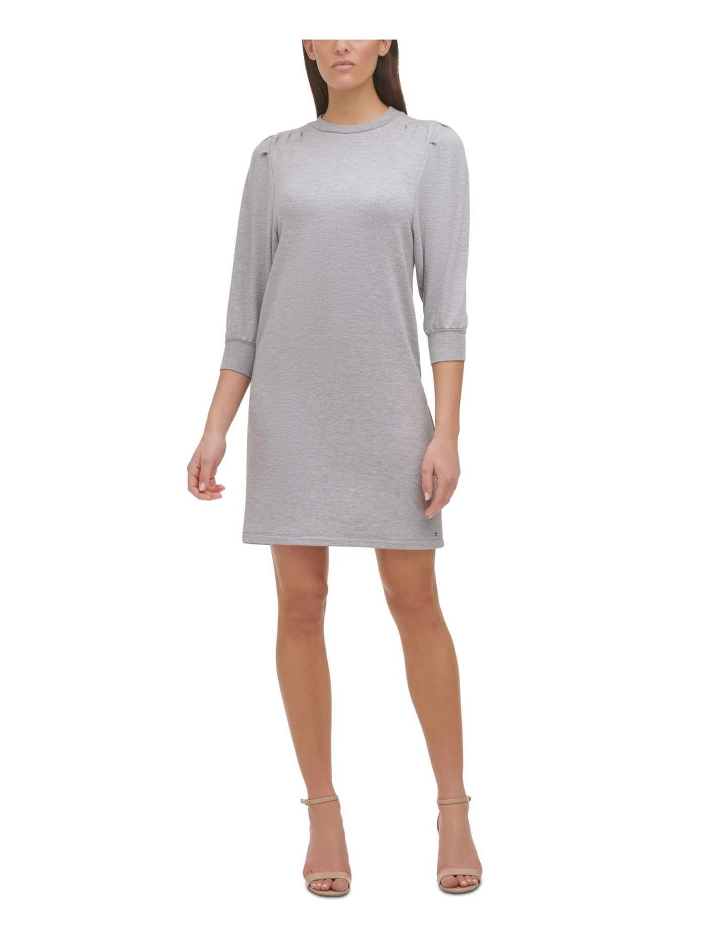 TOMMY HILFIGER Womens Gray Pleated Ribbed Pullover Heather Dolman Sleeve Crew Neck Short Evening Sweatshirt Dress M