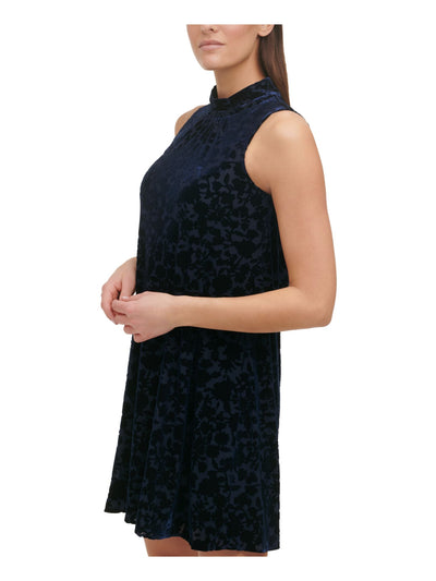 TOMMY HILFIGER Womens Navy Stretch Textured Velvet Keyhole Back Floral Sleeveless Mock Neck Short Party Shift Dress 8