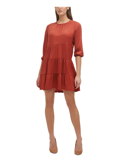 TOMMY HILFIGER Womens Red Gathered Unlined Tiered Pullover 3/4 Sleeve Round Neck Short Shift Dress 12