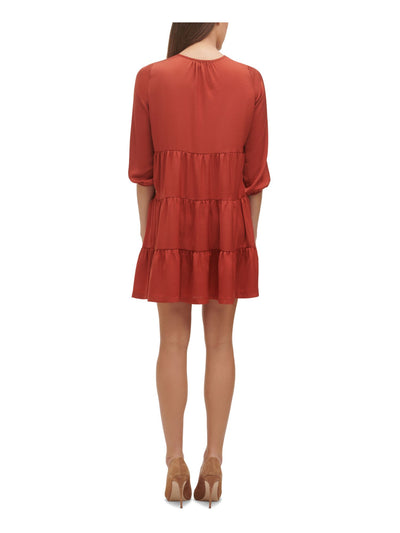 TOMMY HILFIGER Womens Red Gathered Unlined Tiered Pullover 3/4 Sleeve Round Neck Short Shift Dress 12