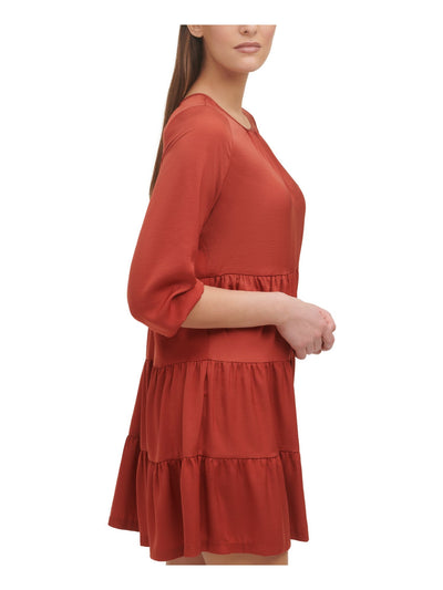 TOMMY HILFIGER Womens Red Gathered Unlined Tiered Pullover 3/4 Sleeve Round Neck Short Shift Dress 12