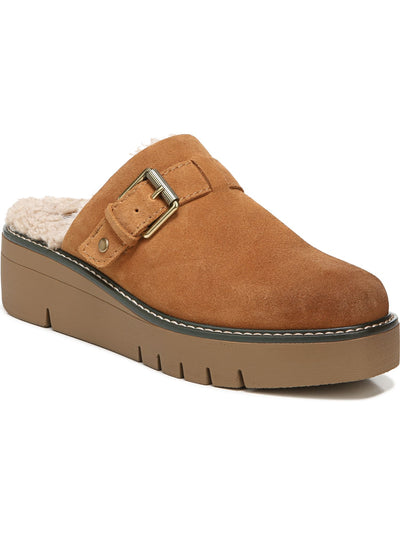 NATURALIZER Womens Brown Buckle Accent Faux Shearling 1" Platform Comfort Goring Wayde Round Toe Wedge Slip On Leather Mules 8.5 M