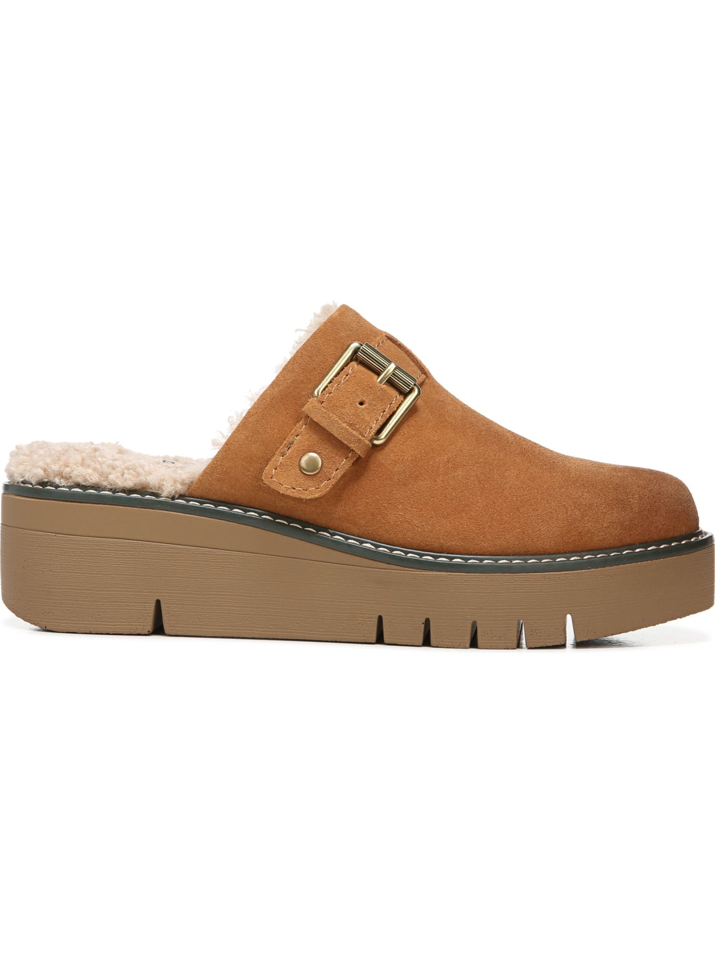 NATURALIZER Womens Brown Buckle Accent Faux Shearling 1" Platform Comfort Goring Wayde Round Toe Wedge Slip On Leather Mules 8.5 M