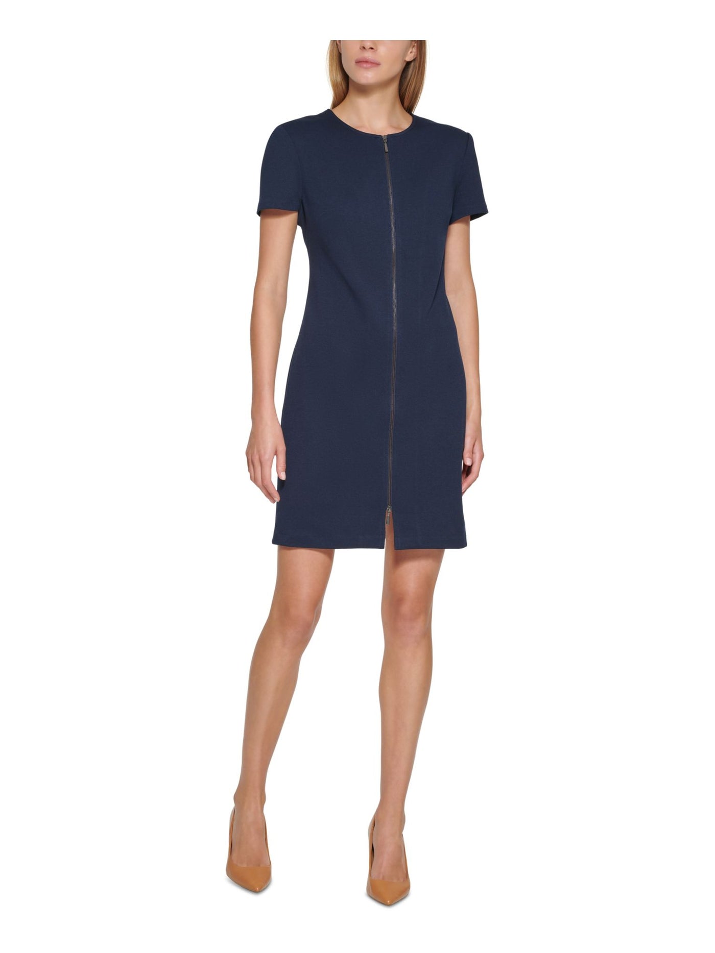 CALVIN KLEIN Womens Navy Stretch Zippered Shoulder Pads Short Sleeve Jewel Neck Above The Knee Party Sheath Dress 14
