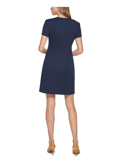 CALVIN KLEIN Womens Navy Stretch Zippered Shoulder Pads Short Sleeve Jewel Neck Above The Knee Party Sheath Dress 14
