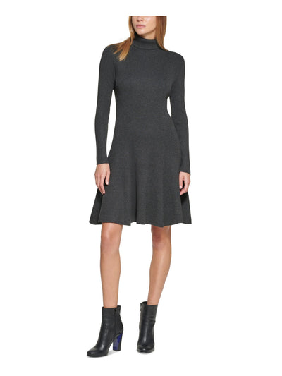 CALVIN KLEIN Womens Stretch Ribbed Fitted Unlined Long Sleeve Turtle Neck Above The Knee Wear To Work Sweater Dress