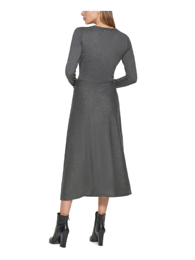 CALVIN KLEIN Womens Belted Tie Slitted Long Sleeve V Neck Midi Wear To Work Sweater Dress