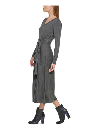CALVIN KLEIN Womens Belted Tie Slitted Long Sleeve V Neck Midi Wear To Work Sweater Dress