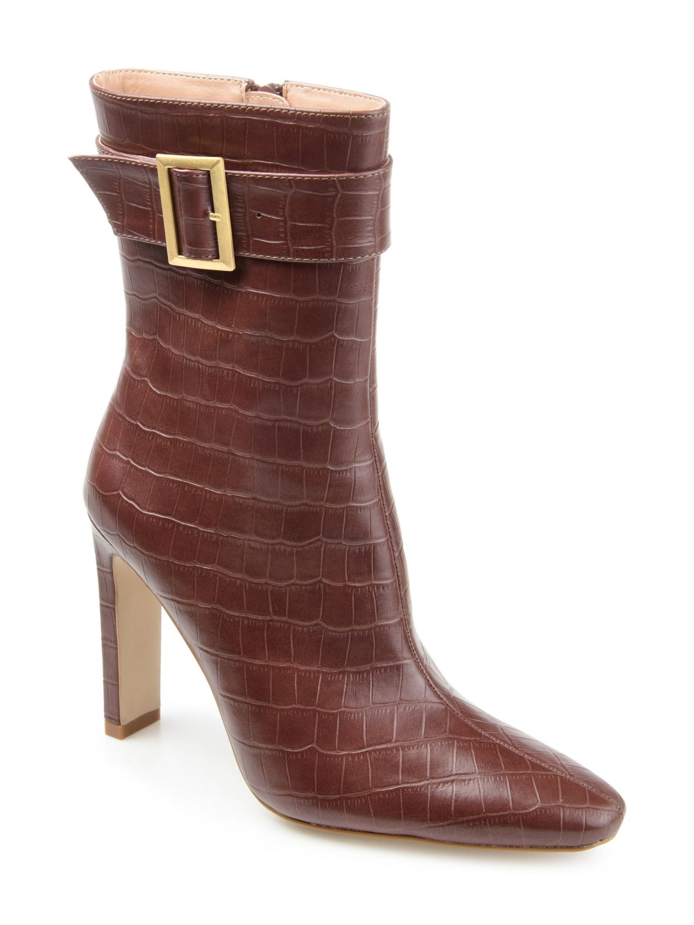 JOURNEE COLLECTION Womens Brown Croc Embossed Buckle Accent Padded Elanie Square Toe Block Heel Zip-Up Booties 8 M