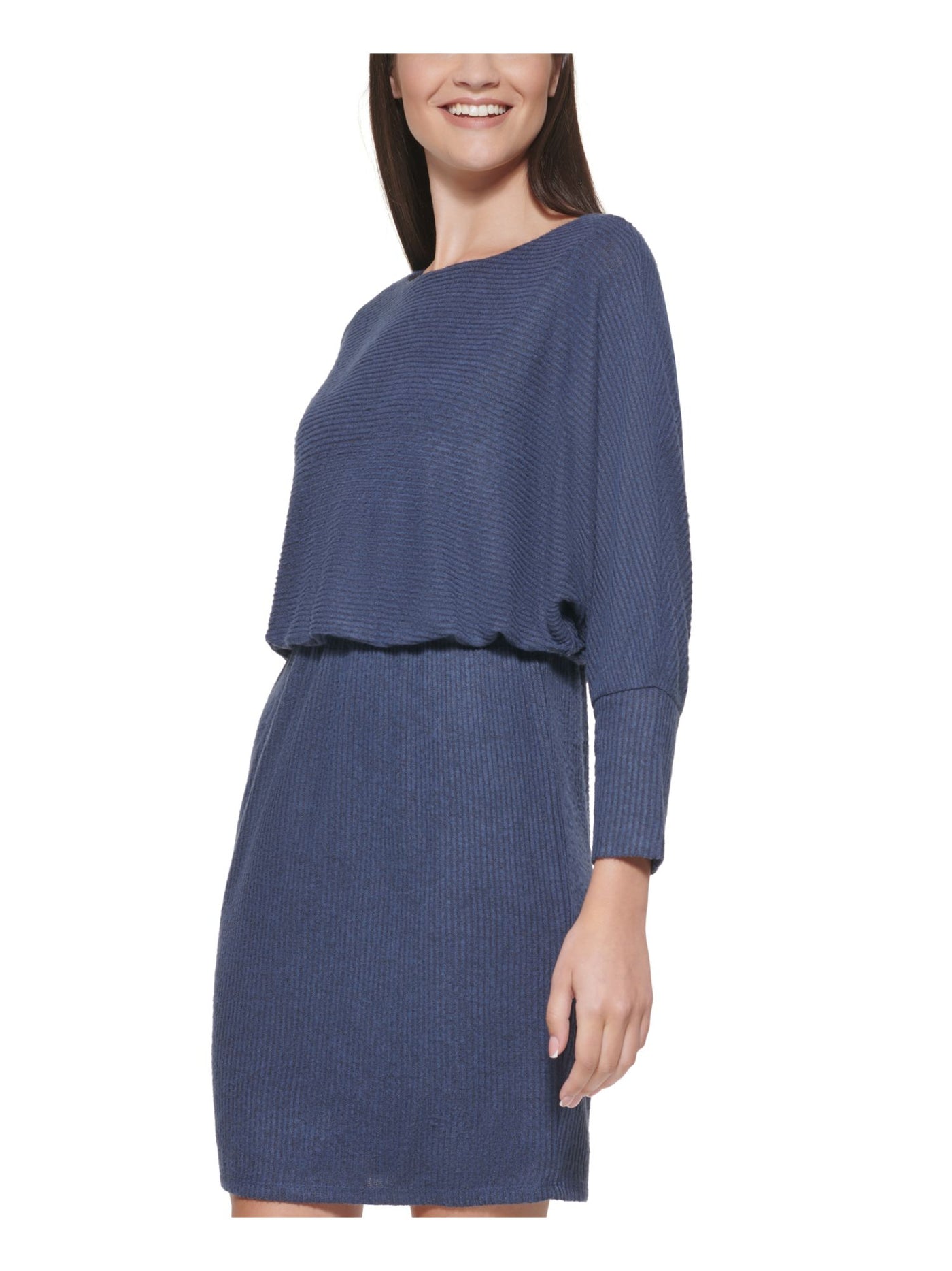 JESSICA HOWARD Womens Blue Stretch Ribbed Lined Pullover 3/4 Sleeve Boat Neck Above The Knee Wear To Work Blouson Dress Petites 12P