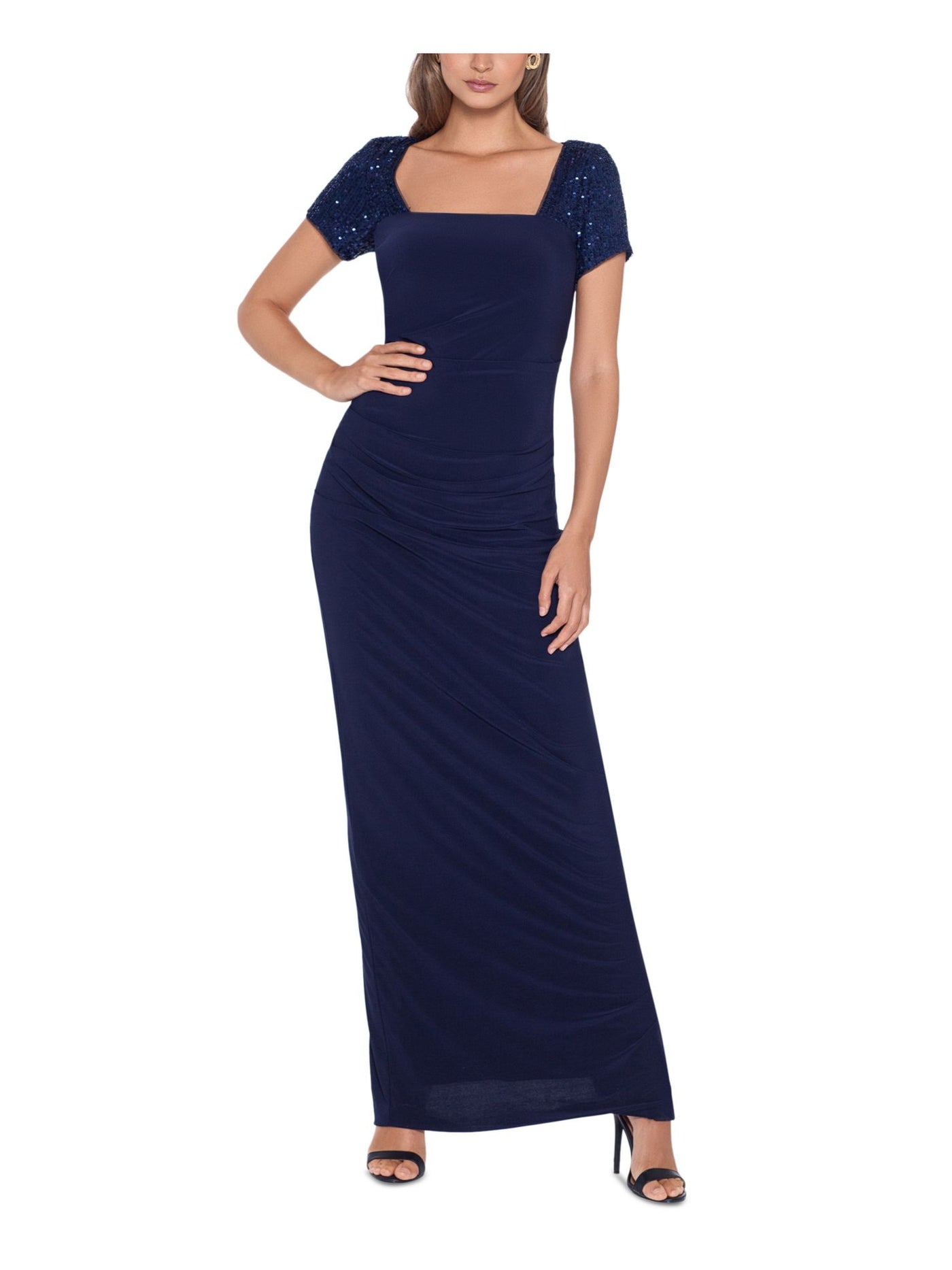 BETSY & ADAM Womens Navy Stretch Sequined Zippered Pleated Ruched Cut Out Short Sleeve Square Neck Full-Length Formal Gown Dress 8