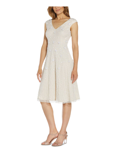 ADRIANNA PAPELL Womens Beige Embellished Zippered Lined Cap Sleeve V Neck Knee Length Cocktail Shift Dress 4