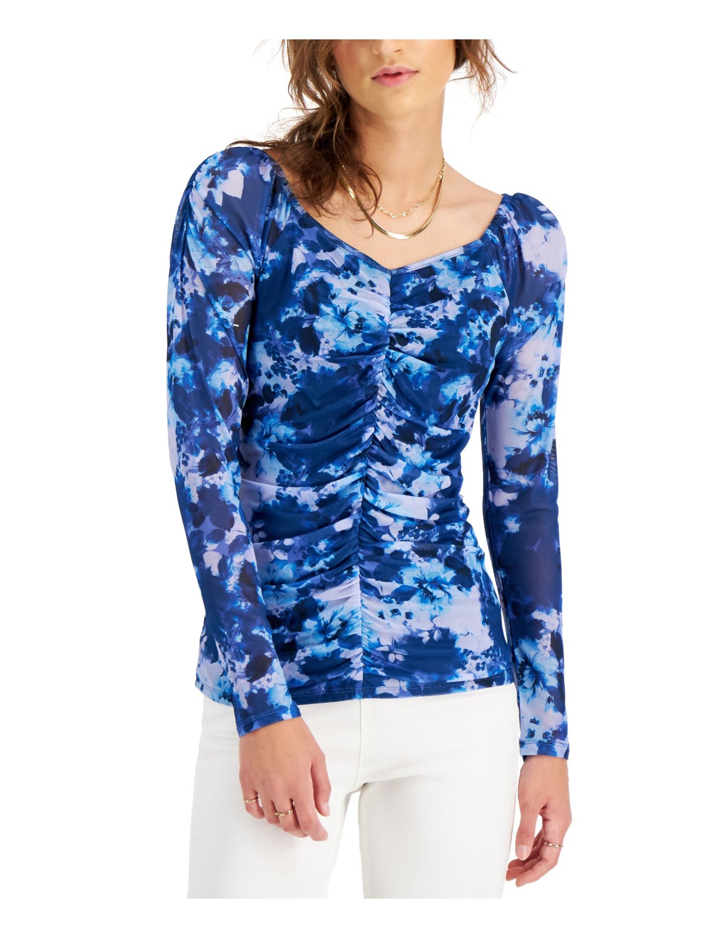 WILLOW DRIVE Womens Blue Ruched Sheer Lined Floral Long Sleeve Sweetheart Neckline Top XS