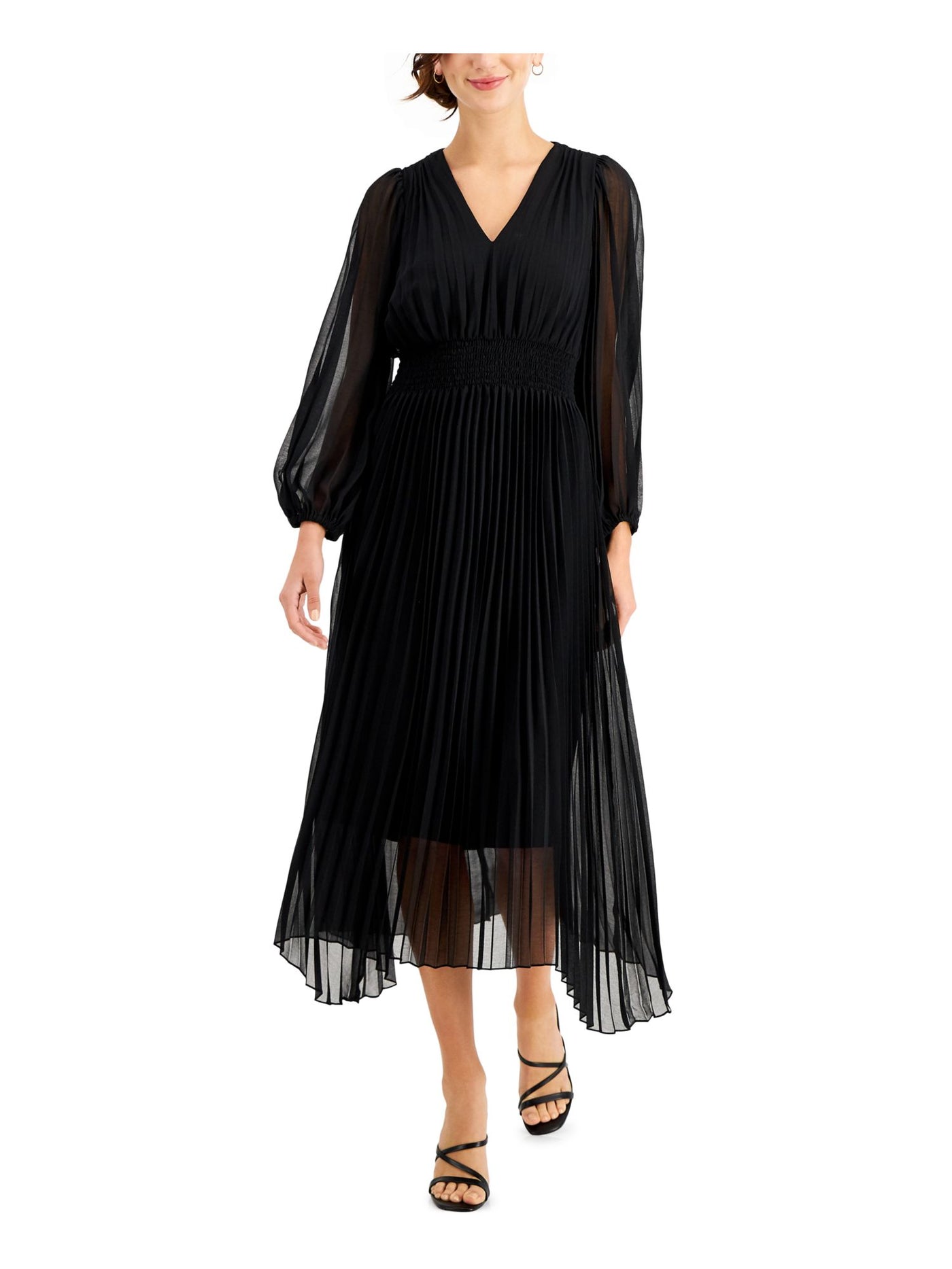 TAYLOR PETITE Womens Black Stretch Pleated Sheer Smocked Lined Long Sleeve V Neck Midi Formal Fit + Flare Dress Petites 8P