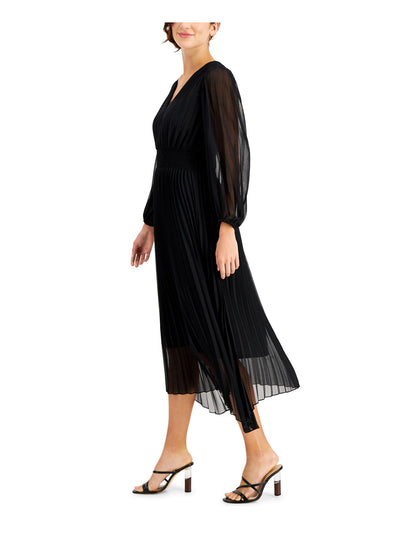 TAYLOR Womens Black Stretch Pleated Sheer Smocked Lined Long Sleeve V Neck Midi Formal Fit + Flare Dress Petites 6P