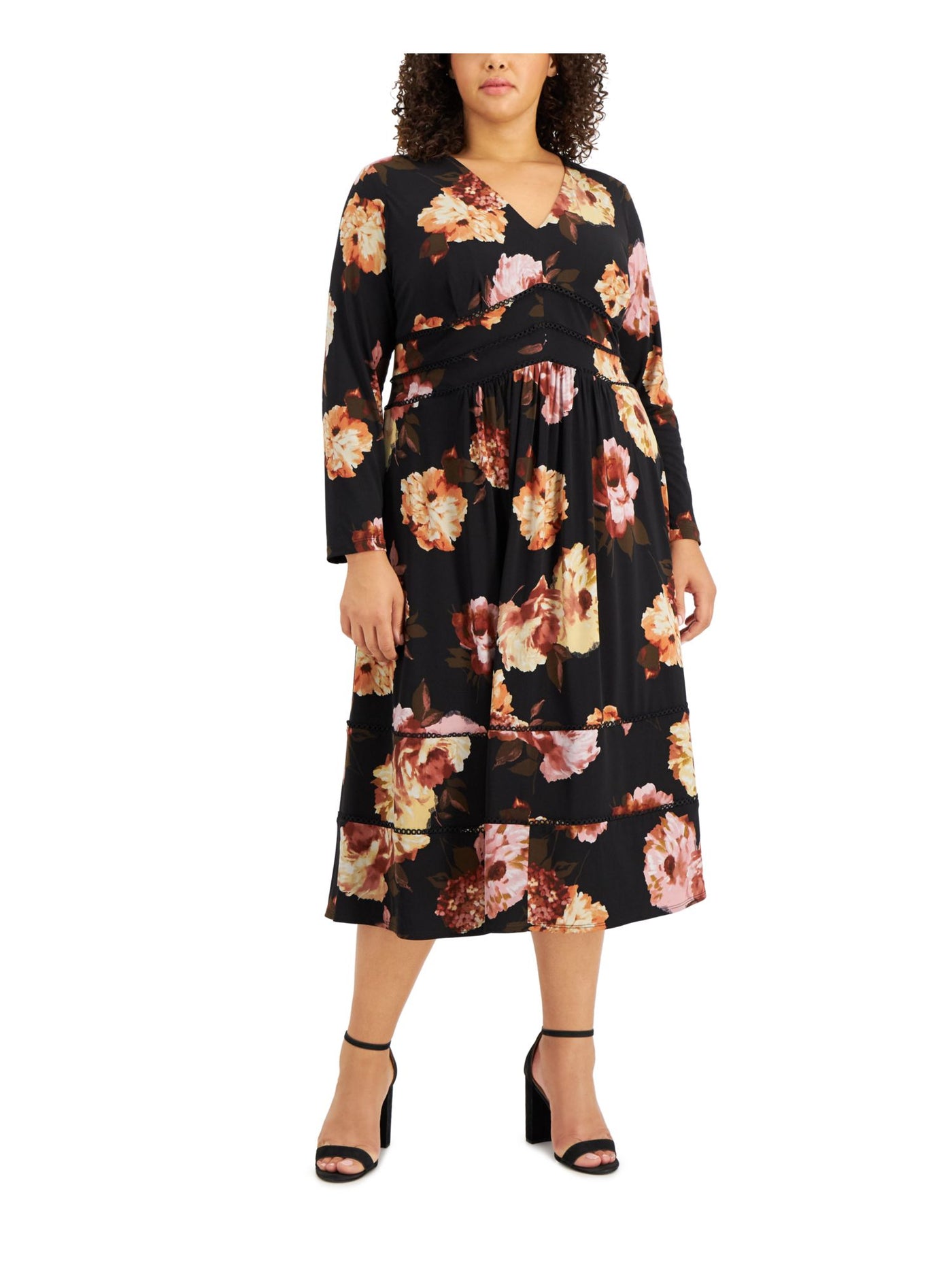 TAYLOR WOMAN Womens Black Stretch Zippered Tiered Circle-trim Floral Long Sleeve V Neck Midi Evening Empire Waist Dress Plus 20W