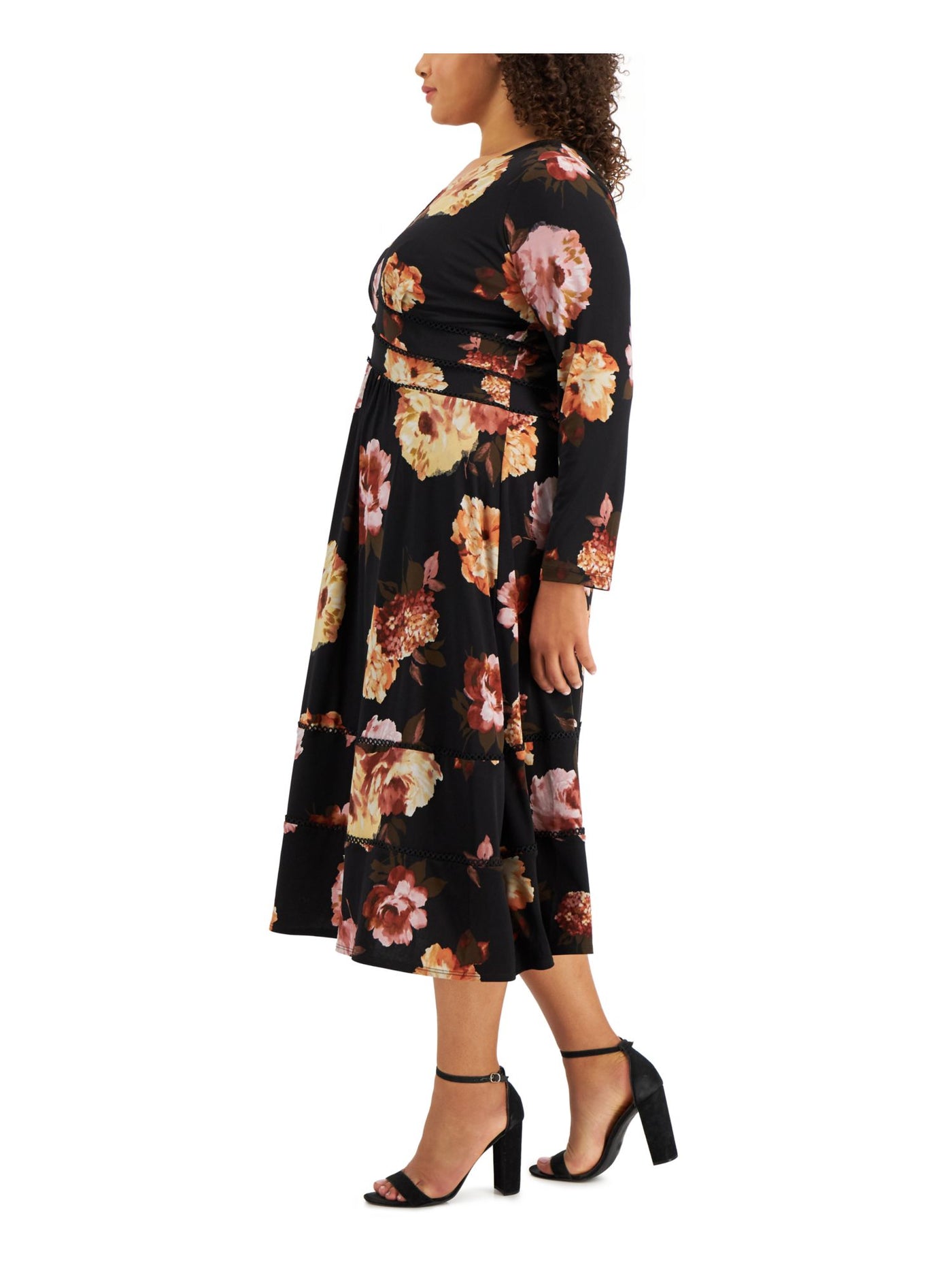TAYLOR WOMAN Womens Black Stretch Zippered Tiered Circle-trim Floral Long Sleeve V Neck Midi Evening Empire Waist Dress Plus 22W