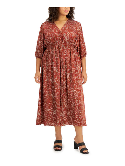 TAYLOR Womens Brown Tie Smocked Waist  Lined Polka Dot Elbow Sleeve V Neck Midi Wear To Work Fit + Flare Dress Plus 22W