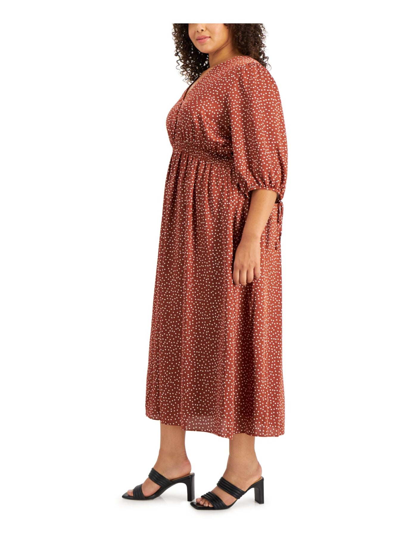 TAYLOR Womens Tie Smocked Waist  Lined Elbow Sleeve V Neck Midi Wear To Work Fit + Flare Dress