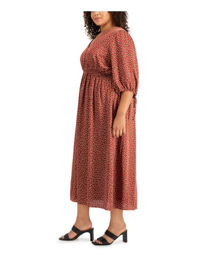 TAYLOR WOMAN Womens Brown Tie Smocked Waist  Lined Polka Dot Elbow Sleeve V Neck Midi Wear To Work Fit + Flare Dress Plus 18W