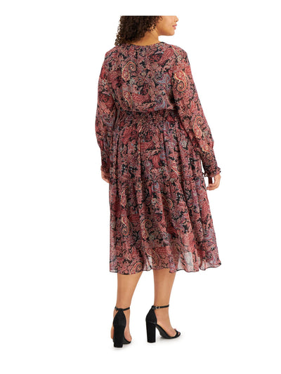 TAYLOR Womens Black Smocked Sheer Lined Tiered Skirt Paisley Cuffed Sleeve V Neck Midi Party Fit + Flare Dress Plus 14W