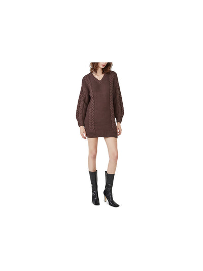 BARDOT Womens Burgundy Textured Unlined Drop Shoulders Sweater Long Sleeve V Neck Mini Evening Sweater Dress M