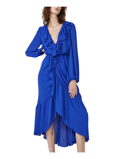 BARDOT Womens Blue Ruffled Elastic Cuffs Unlined Hi-lo Long Sleeve Surplice Neckline Tea-Length Evening Wrap Dress 6