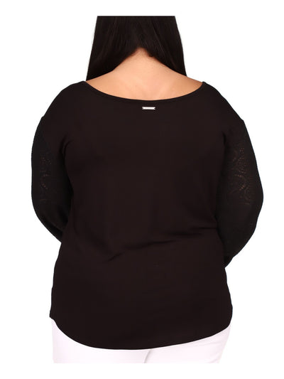 MICHAEL MICHAEL KORS Womens Black Sheer Crochet-lace Elastic Sleeves Long Sleeve Scoop Neck Blouse Plus 0X