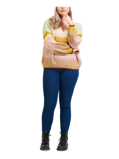 BLACK TAPE Womens Yellow Stretch Metallic Striped Long Sleeve V Neck Wear To Work Sweater Plus 1X
