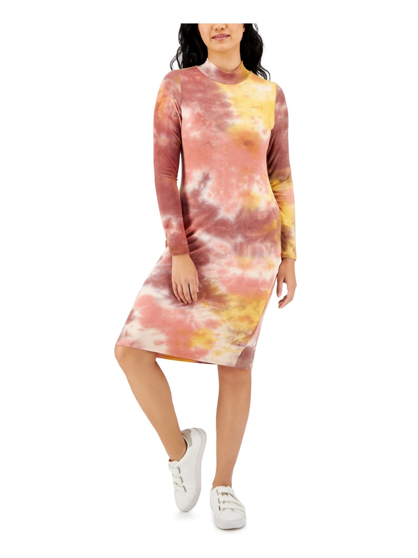 TINSEL Womens Coral Stretch Ribbed Pullover Tie Dye Mock Neck Knee Length Shift Dress P\XS