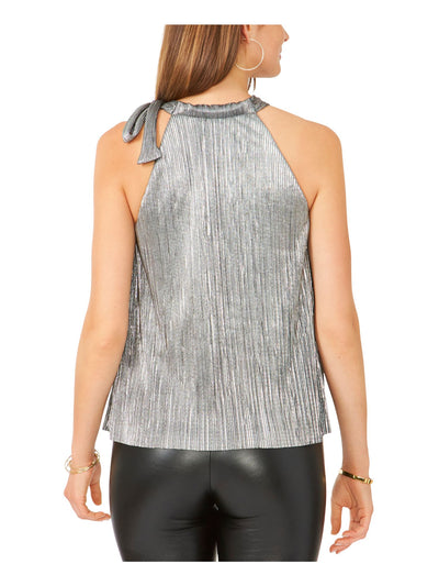 28TH & PARK Womens Silver Metallic Pleated Tie Neck Lined Sleeveless Halter Evening Top Juniors M