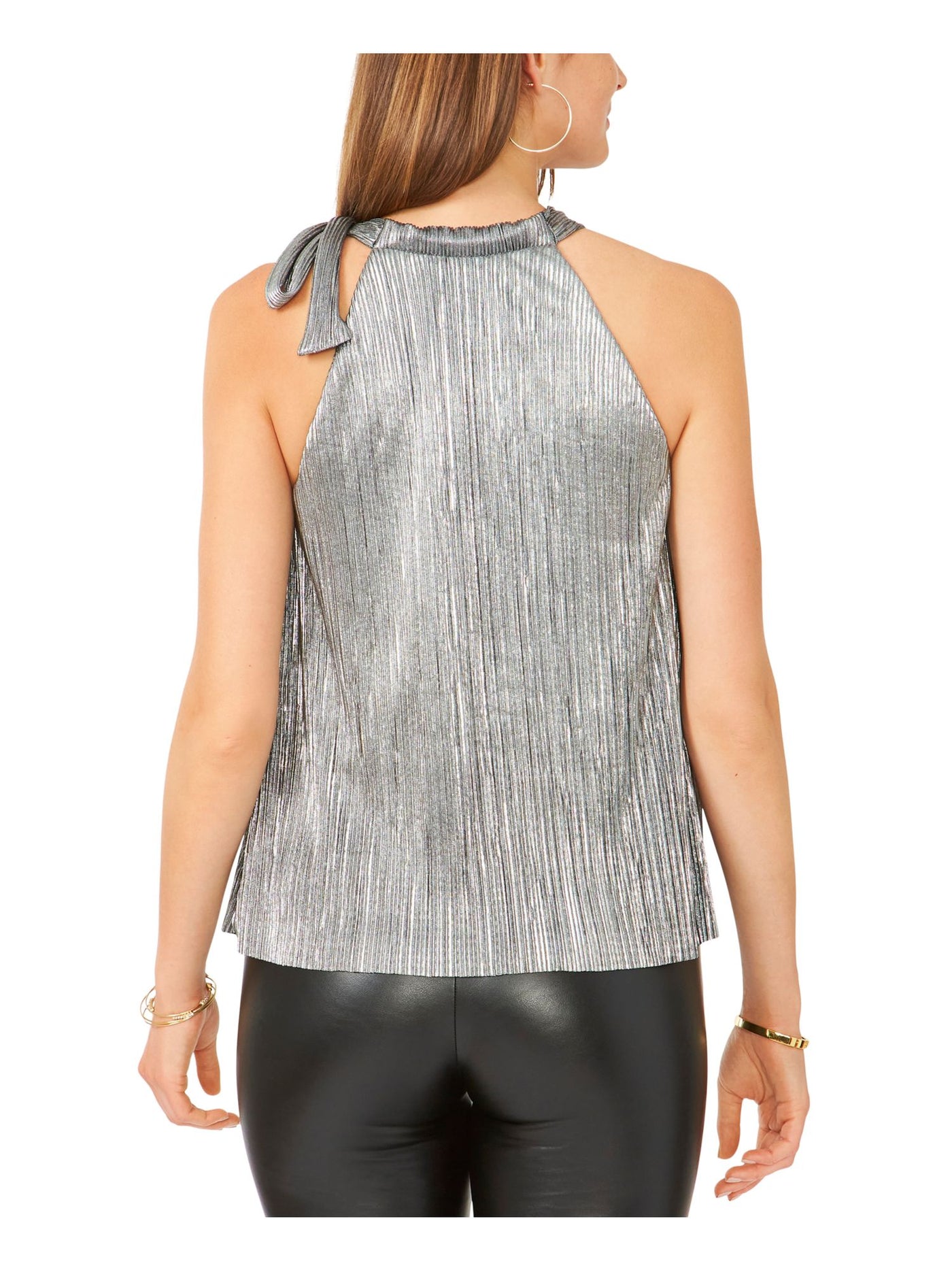 28TH & PARK Womens Silver Metallic Pleated Tie Neck Lined Sleeveless Halter Evening Top S