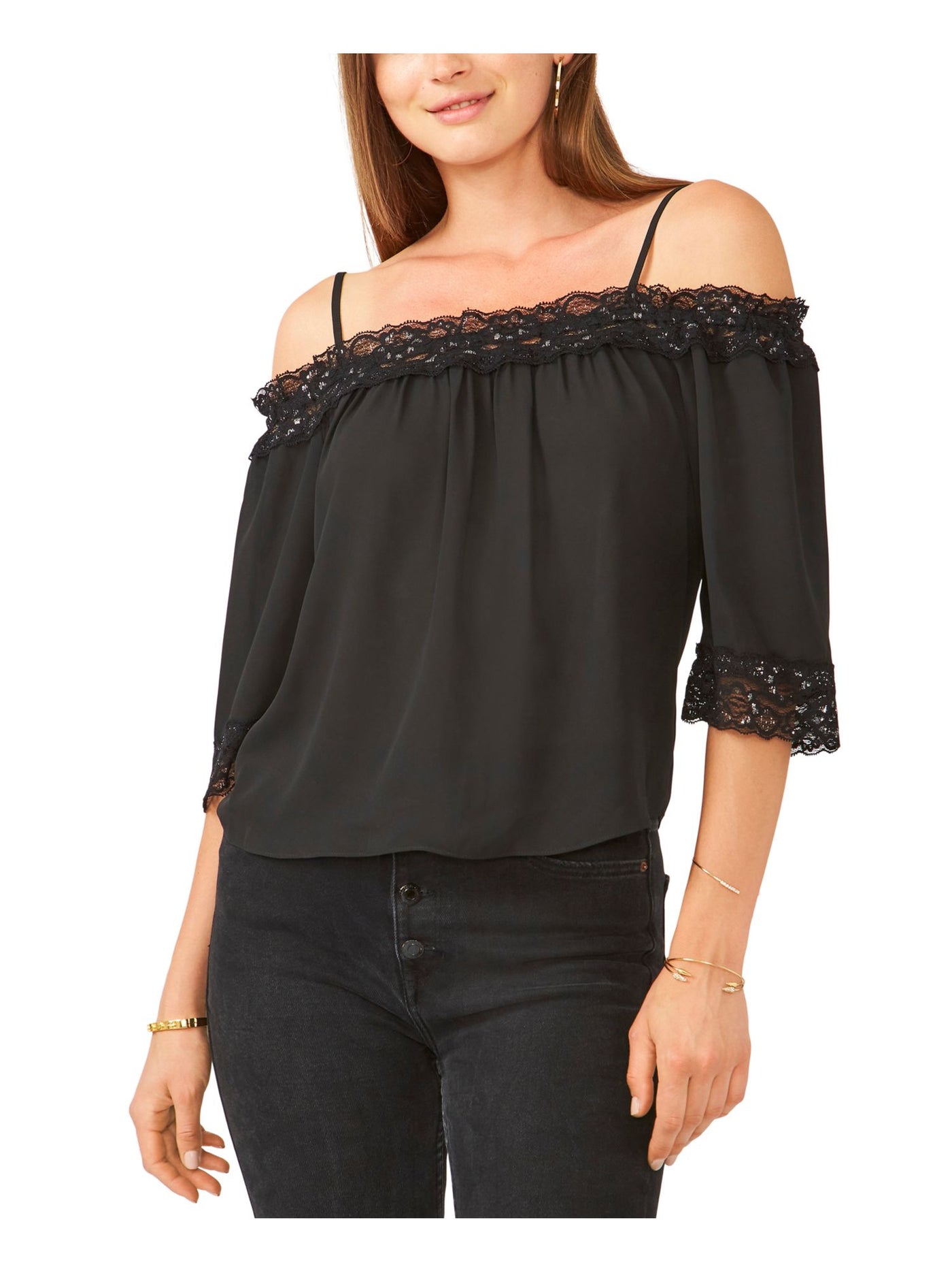 28TH & PARK Womens Ruffled Spaghetti Strap Off Shoulder Party Top Juniors