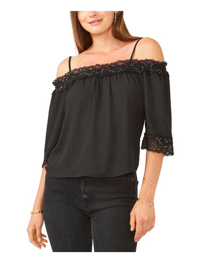 28TH & PARK Womens Black Ruffled Short Length Elbow Sleeve Spaghetti Strap Off Shoulder Party Top XL